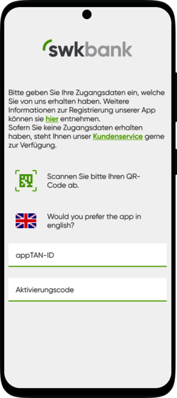 Screenshot Eingabe der Zugangsdaten in der App